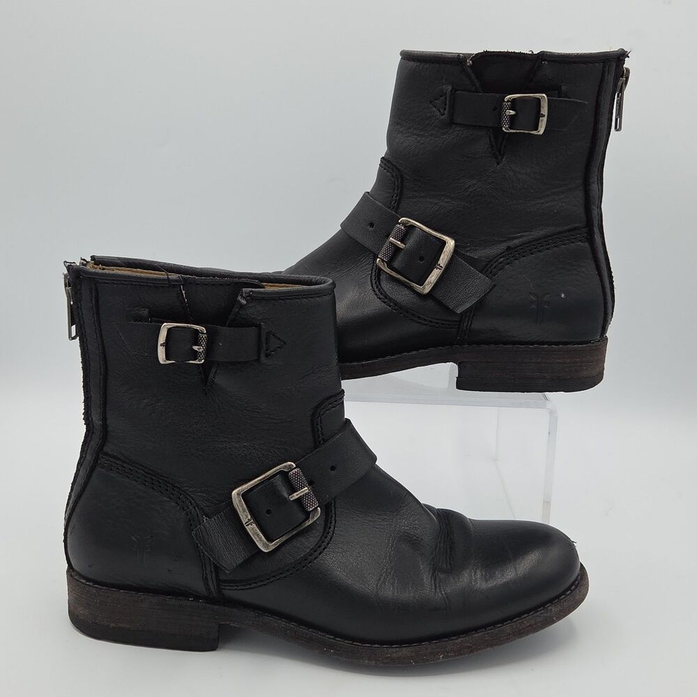 Frye Tyler Engineer Boots Women Size 6 Black Leather Back Zip Moto Buckle Ankle